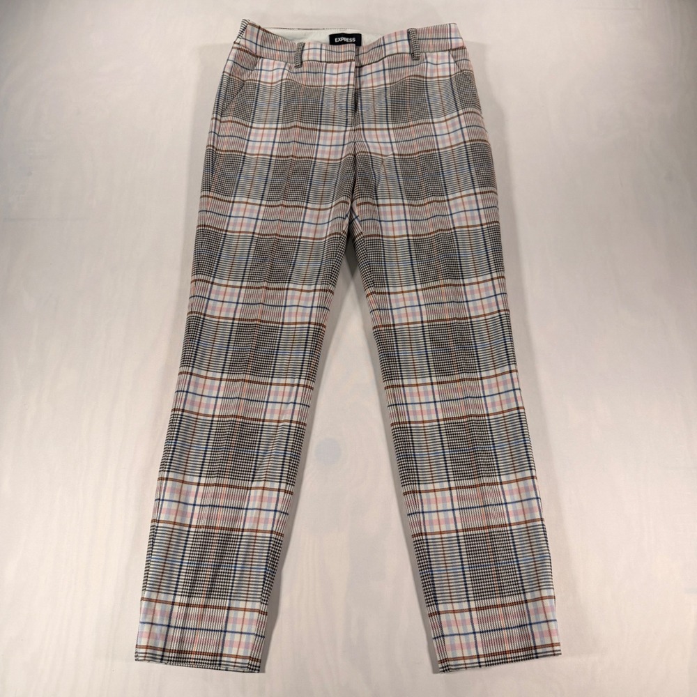 Express Columnist Ankle Pants Women 2R Multi Color Glen Plaid Mid Rise Stretch